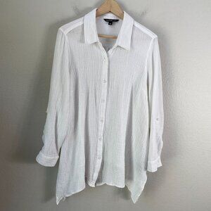 Zac & Rachel Woman Plus 2X White Button Up Gauzy Textured Tunic Top Shirt